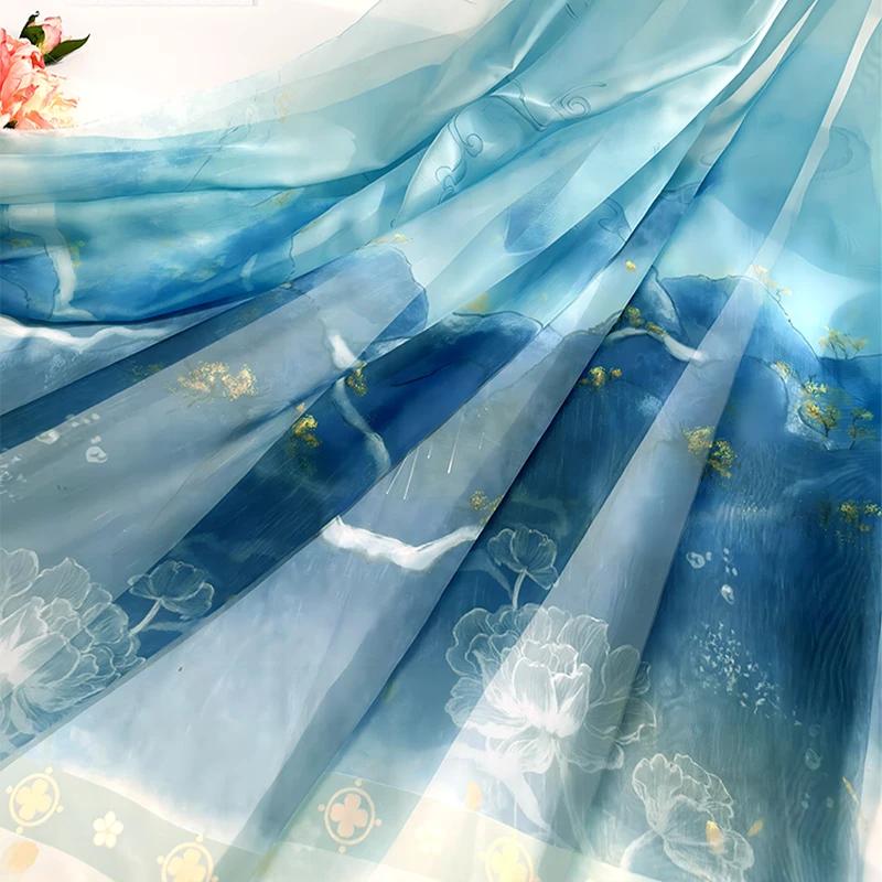 

1m Chinese Landscape Printing Fabric Ancient Style Translucent Cloth for Hanfu Costume Dance Dress DIY Sewing Fabric Fixed Width 1.5m