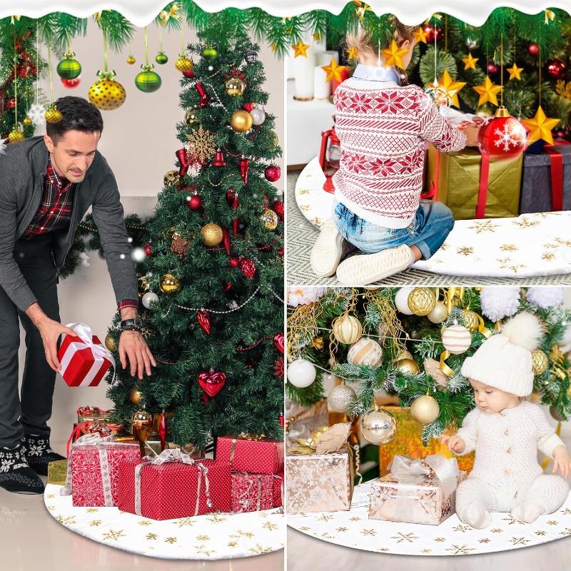 60/38cm Snowflake Christmas Tree Skirt Plush Cloth Xmas Trees Mat Gold Snowflake Star Carpet New Year Home Party Decor Supplies