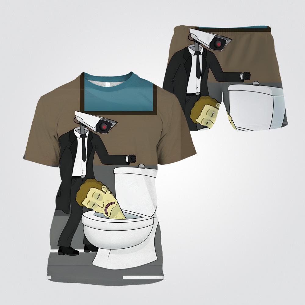 

Summer Round Neck 3D Cartoon Toilet Person Vs. Monitoring Person Printed Set Fashionable and Casual Short Sleeved Shorts Children s Boy Clothing Sets 170