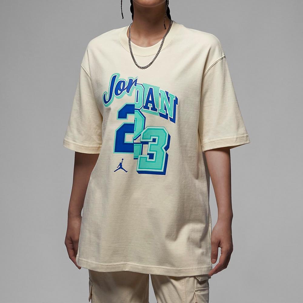 Jordan Alphanumeric Logo Print Sport Casual Breathable Loose Round Neck Short Sleeve Drop Shoulder T-Shirt Women Tops Beige FQ0362-113