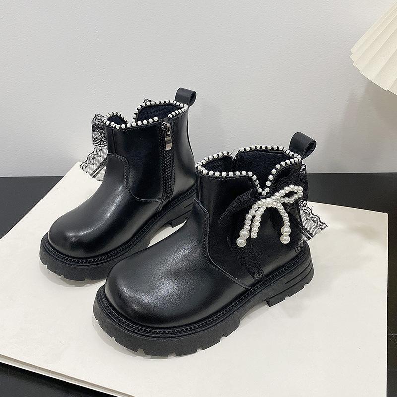 Kids Pearl Bow Decor Side Zipper Ankle Boots 26 чёрный