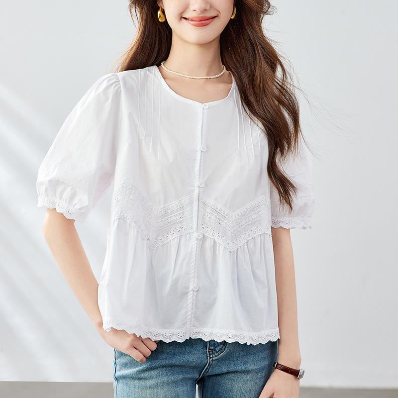 

Кружевная блузка с полыми рукавами-буфами для женского лета, новая, свободная и универсальная, с V-образным вырезом, модная бэби-рубашка M белый
