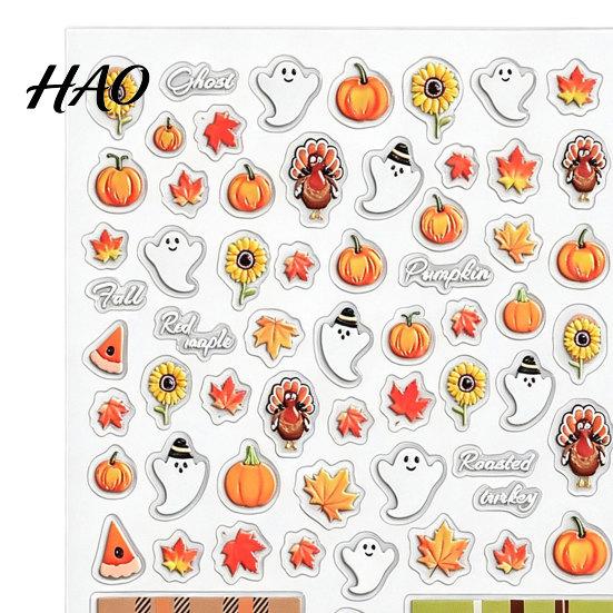 Thanksgiving Nail Decorations Art Stickers for Halloween Thanksgiving, Autumn Turkey Pumpkin Maple Party Leaf Manicure Sticker, Embossed Waterproof