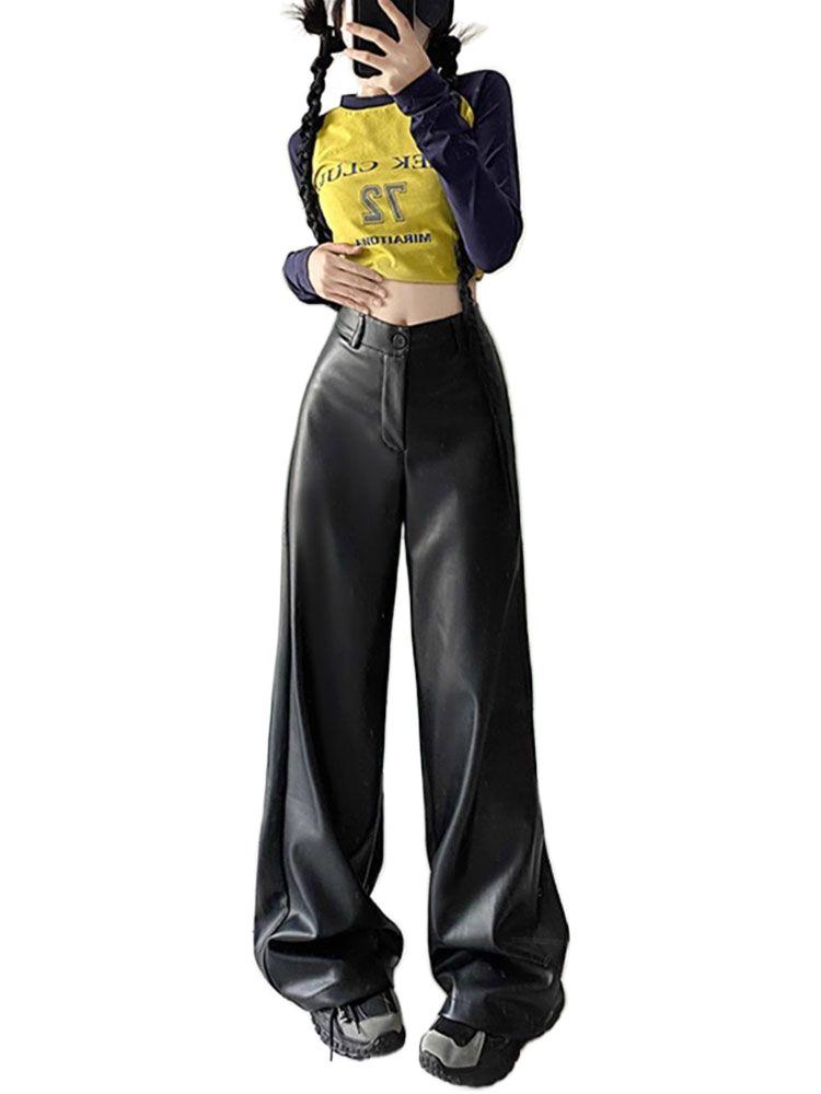 American Retro Plus Size High Waist PU Leather Wide-Leg Pants for Women - Slimming Casual Spring/Autumn Floor-Length Style