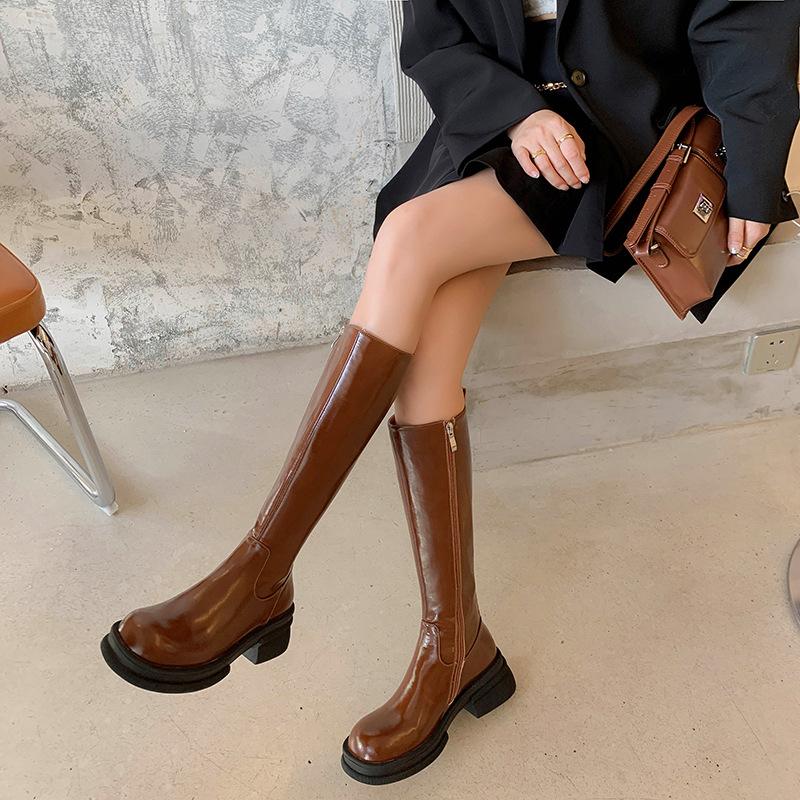 Raised thick-soled but knee-high boots for women's 2025 autumn new round-headed knight boots muffin-bottom high boots