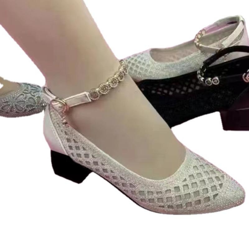 

Женские туфли на каблуке с ремешком на щиколотке, летние туфли в стиле ретро с блестками, дышащие, для женщин, для офиса, на низком каблуке, женские туфли-лодочки 38