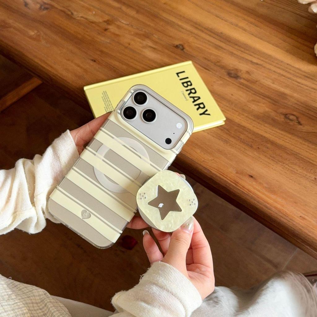 Apple 17 Pro Light Yellow Stripe Magnetic Stand Phone Case for 16 Pro Max with Rhinestone Star Mirror.