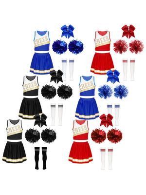Kids Girls Cheerleading Set with Crop Top Skirt Headwear Hand Flowers Socks Sleeveless V Neck Letter Print