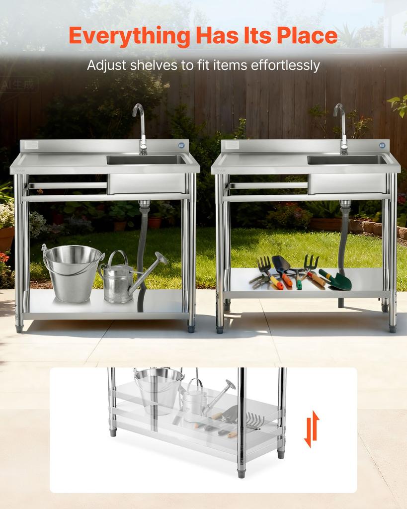 VEVOR Stainless Steel Utility Sink, Free Standing Single Bowl Commercial Kitchen Sink with Faucet, 1000 x 500 x 940 mm