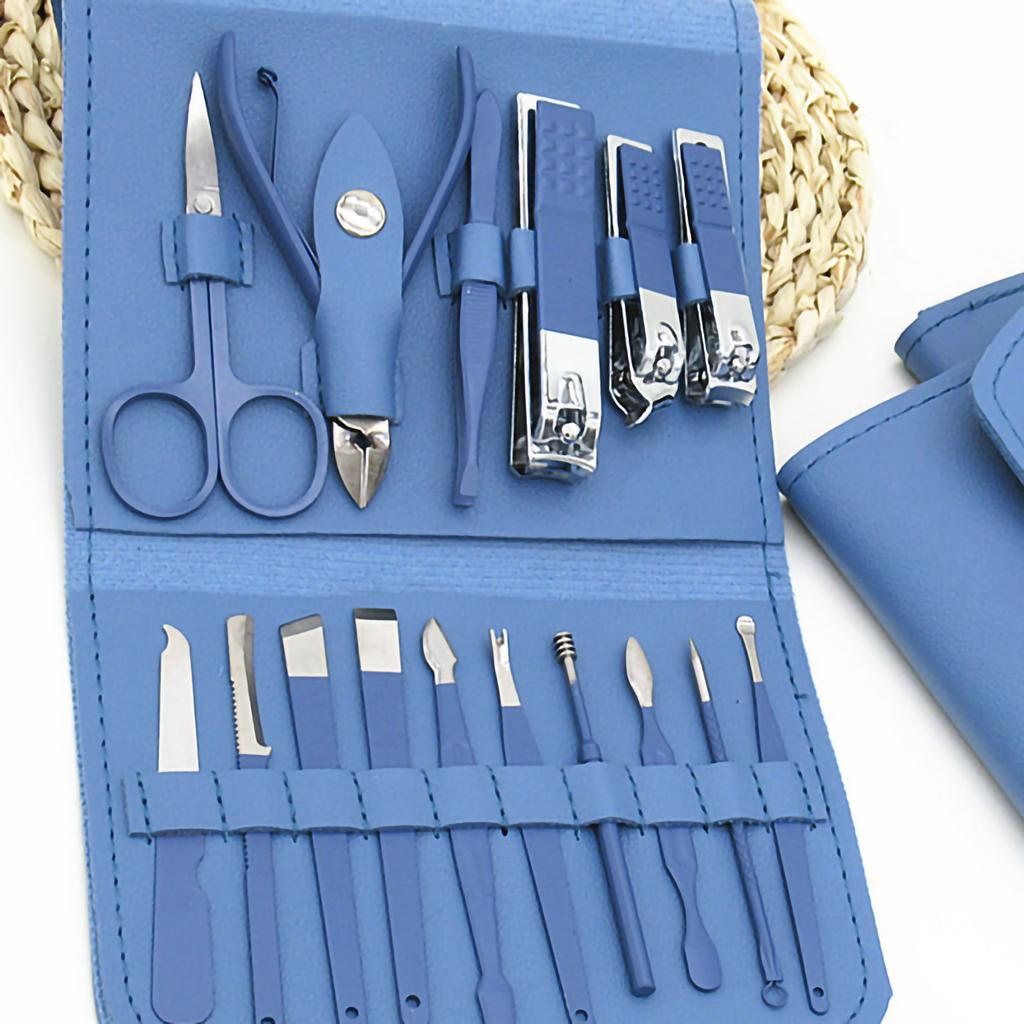 16pcs Steel Nail Clippers Set Steel Manicure Set Professional Pedicure Grooming Kit Blue
