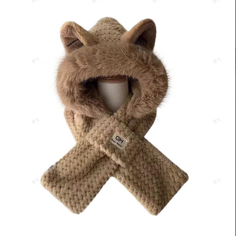 Plush hat scarf integrated women's new winter cute woven scarf gloves three-piece set thickened warm