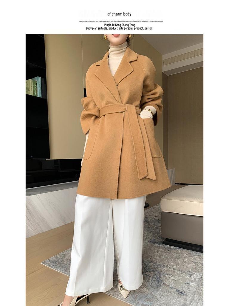 Women's High-End Double-Faced Wool Coat - New Autumn/Winter Style, Loose Mid-Length, Tie-Waist, 100% Wool Fashion Coat.