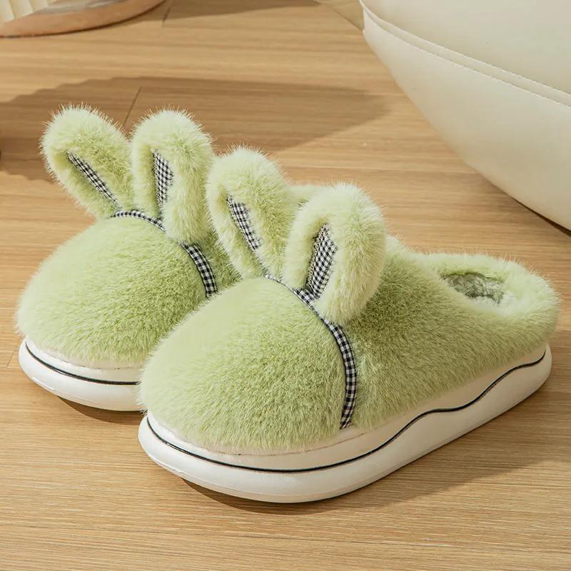 WTEMPO Cute Rabbit Hair Autumn Winter Cotton Slippers Women's Thick Bottom Indoor Home Plush Warm Slippers