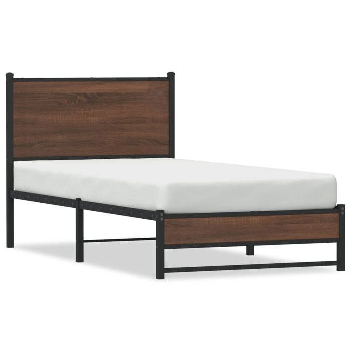 VidaXL Metal Bed Frames with Brown Oak Headboard 75x190 Cm, Single Bed, Bedroom Furniture, Guest Bed, 4007930