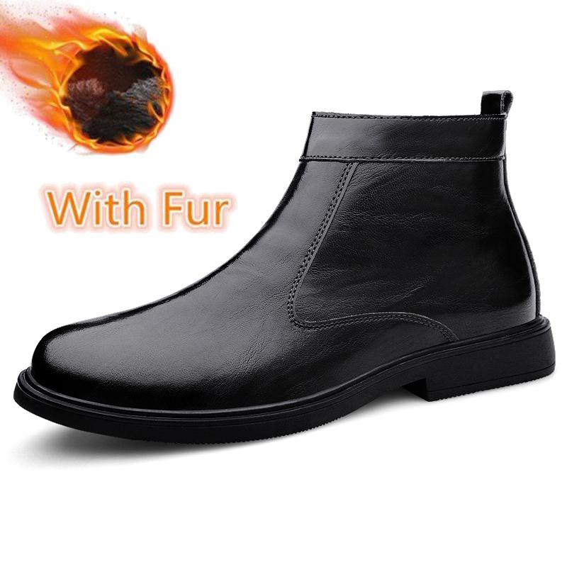 British Style Men's Chelsea Boots Genuine Leather Ankle Boots Fashion High Top Walking Shoes Winter Plush Snow Motorcycle Botas