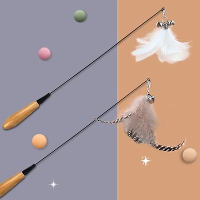 Katzenangel mit Holzgriff, Feder und Glöckchen, interaktives Katzenspielzeug, Katzenangel
