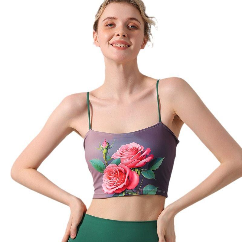 Nude Feel Yoga Bra Chinese Style Green Yoga Pants Yoga Clothes Suit Pilates Spaghetti-Strap Floral Print Inner Wear Blouse