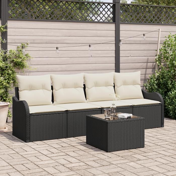 Set de canapés de jardin vidaXL 5 pièces avec coussins en poly rotin noir, Canapé de jardin 2 places vidaXL avec rangement 3354236