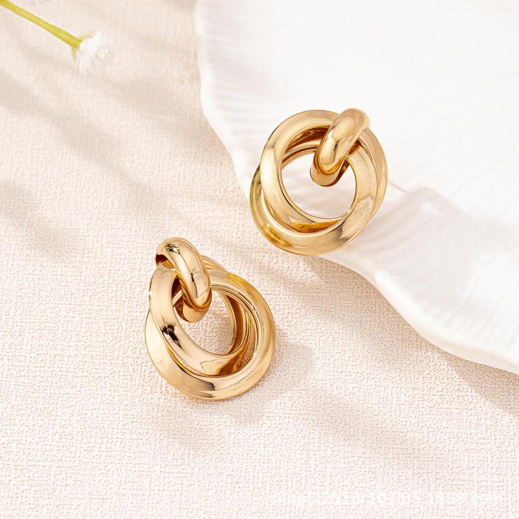 Geometric Double Ring Metal Texture Earrings - European & American Style