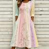Women's Crew Neck Long Sleeve Loose Fit A-Line Midi Dress Casual 3D Floral Print