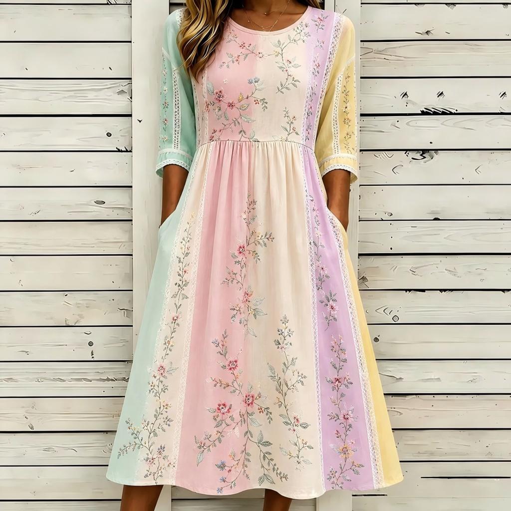 Women's Crew Neck Long Sleeve Loose Fit A-Line Midi Dress Casual 3D Floral Print