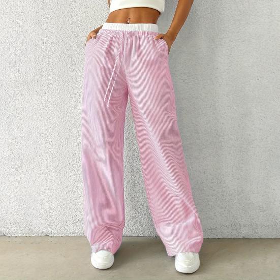 Women Pants Wide-Leg Casual Pants Elastic Waist Adjustable Drawstring Striped Design