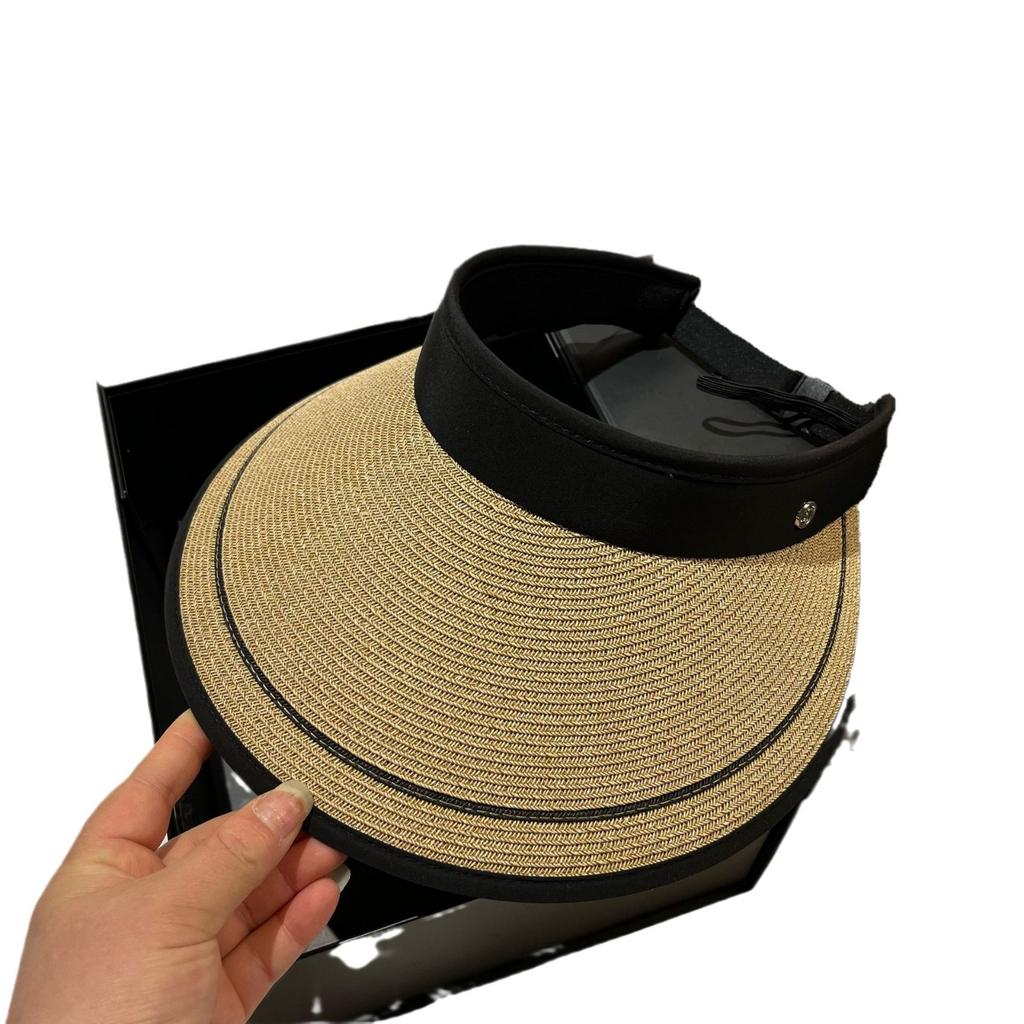 Japanese Fine Grass Woven Can Store Big Brim Sun Hat Summer Travel Folding Uv Vinyl Anti-Uv Empty Top Hat