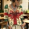 Women's Christmas Print V-Neck Blouse with Ruffle Trim - Casual Holiday Top