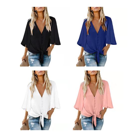 Women Summer Shirt V-neck Half Sleeve Buttons Placket Lace-up Shirt Tops Solid