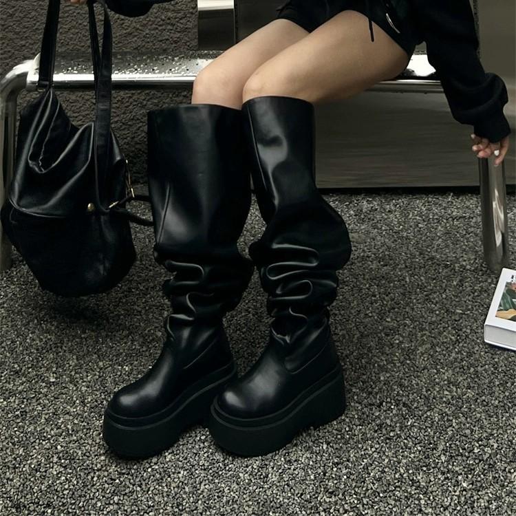 European and American style thick-soled big tube surrounding stacking boots~ New round head splicing sleeve pleated wedge heel high heel knee boots