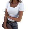 Women's U Neck Long Sleeve Tee Slim Fit Casual Ribbed Knit Solid Color Spring Basic Top