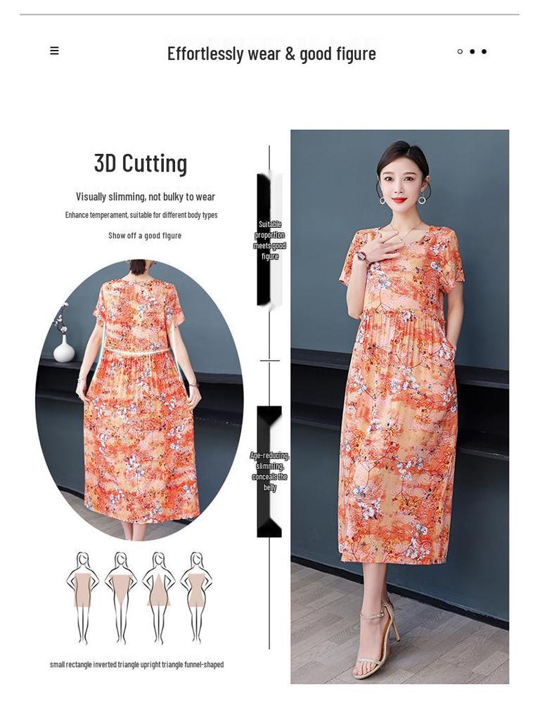 Plus Size Floral Cotton-Silk Dress for Women - Summer Fashion, Elegant Long Swing Dress