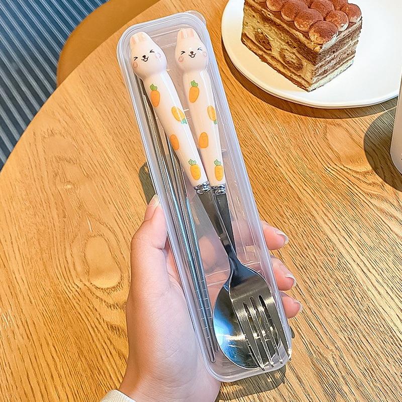 3Pcs Cute Cutlery Set Cartoon Bunny Stainless Steel Mirror Polished Flatware Set Spoon And Fork Chopsticks Set Outdoor Tableware
