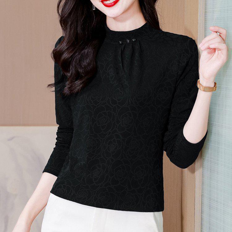 Elegant Retro Lace High-Neck Long Sleeve Women's T-Shirt for Spring