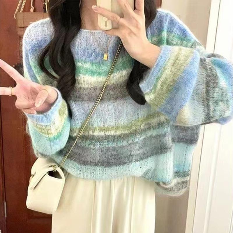 

Нежный ветер Цветовое столкновение Полосатый свитер Женский Тонкий свитер Ранняя осень и Зима Носить Топ Сладкий Пуловер Тренд One Size