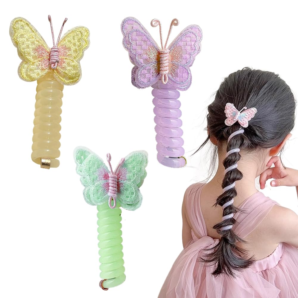 Soft and elastic spiral hair tie, 2025 new butterfly telephone cord hair tie, colorful telephone cord hair ties (3-pack - B) Pack of 3