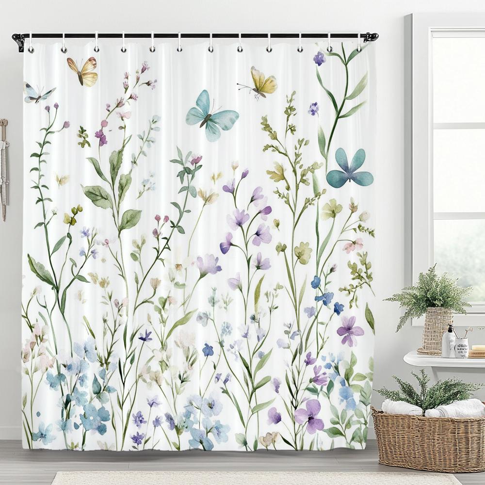 Spring Flowers Shower Curtain Floral Bathroom Curtain Romantic Refreshing Curtain, Printed Polyester Shower Curtain With Hooks