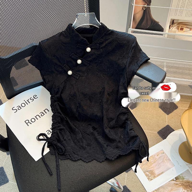 

Новая женская футболка в китайском стиле с ретро-пряжкой и прозрачными короткими рукавами, 2024 XL