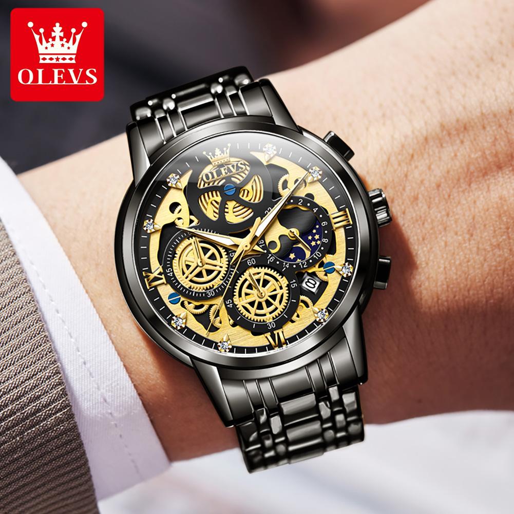 OLEVS 9947 Sell Original Quartz Watch for Men Skeleton Flywheel Design Classic Chrono Small Dial Top Luxury Men's Wristwatch