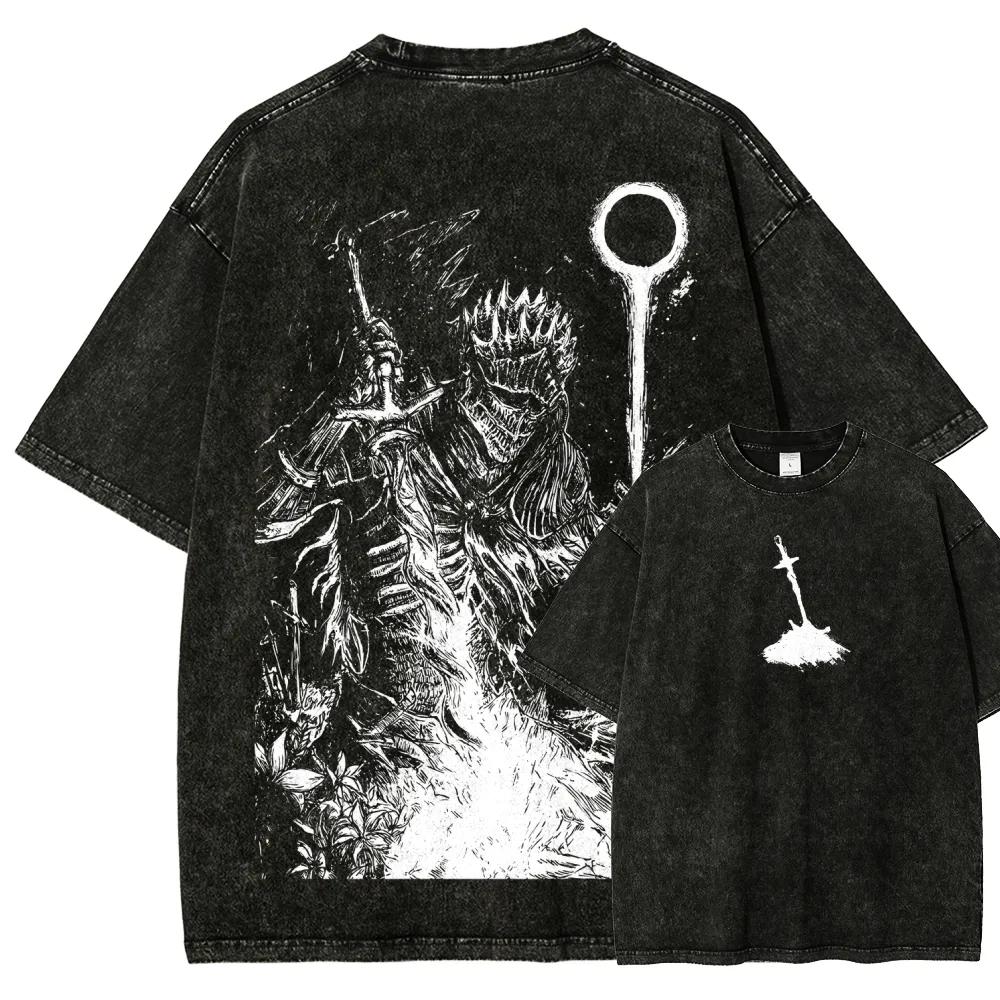

Classic Action Roleplaying Game Dark Souls Peripherals Print Tshirt Street Harajuku Men Women Retro Washed Cotton Oversize Top S