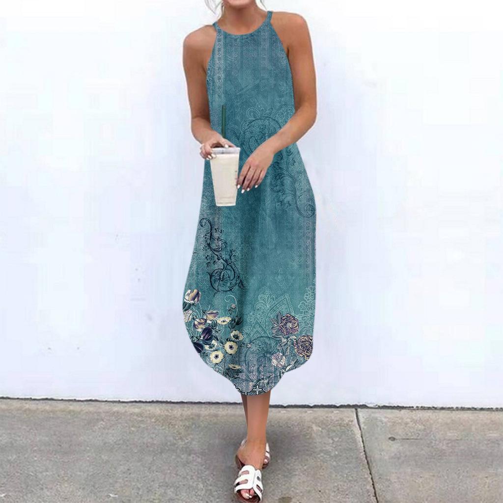 Ženy Dámy Ležérní Sexy Potisk Móda Kulatý výstřih Popruh Volné Midi šaty bez rukávů