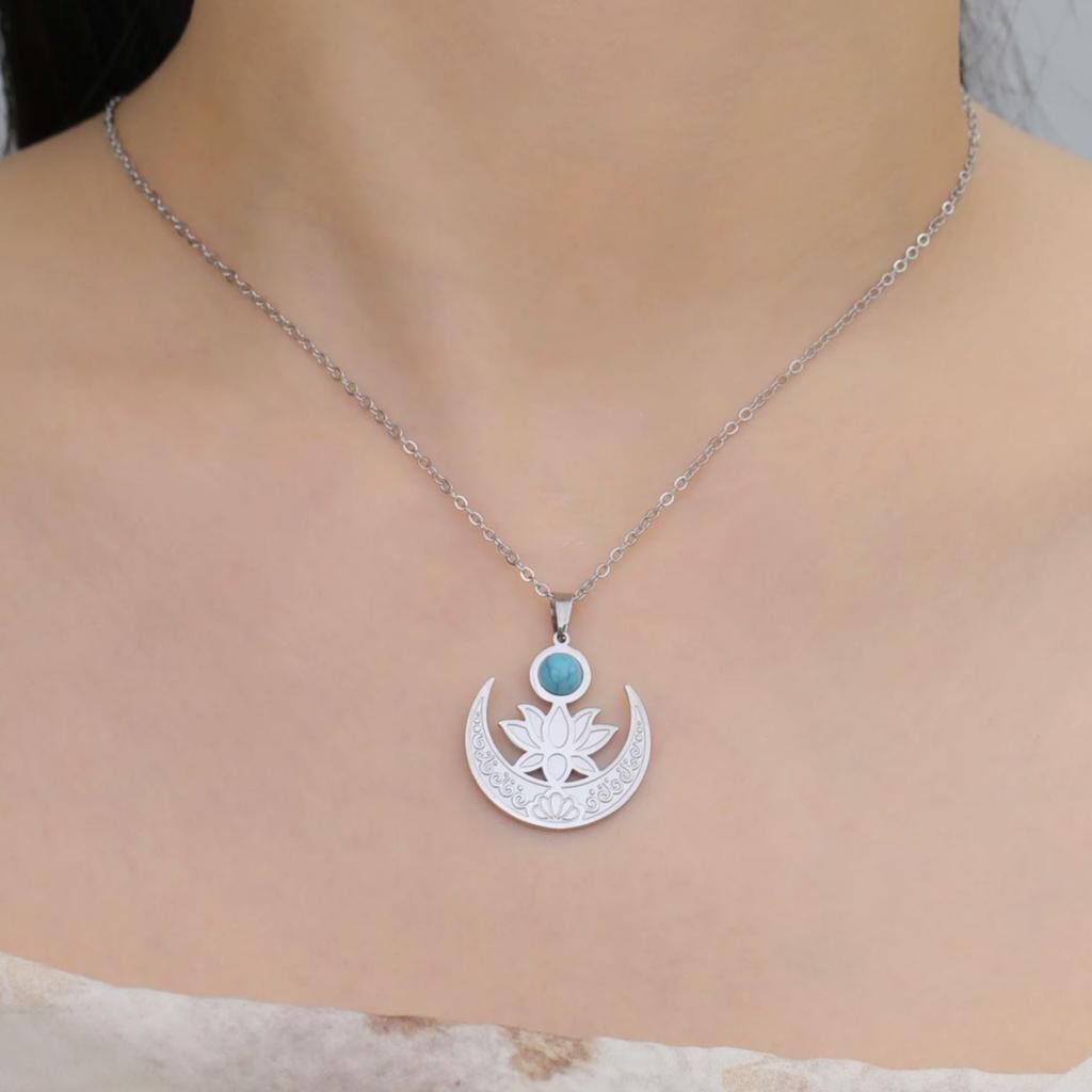 LIKGREAT Lotus Flower Necklace for Women Stainless Steel Healing Engrave Crescent Yoga Pendant Buddhism Amulet Jewelry