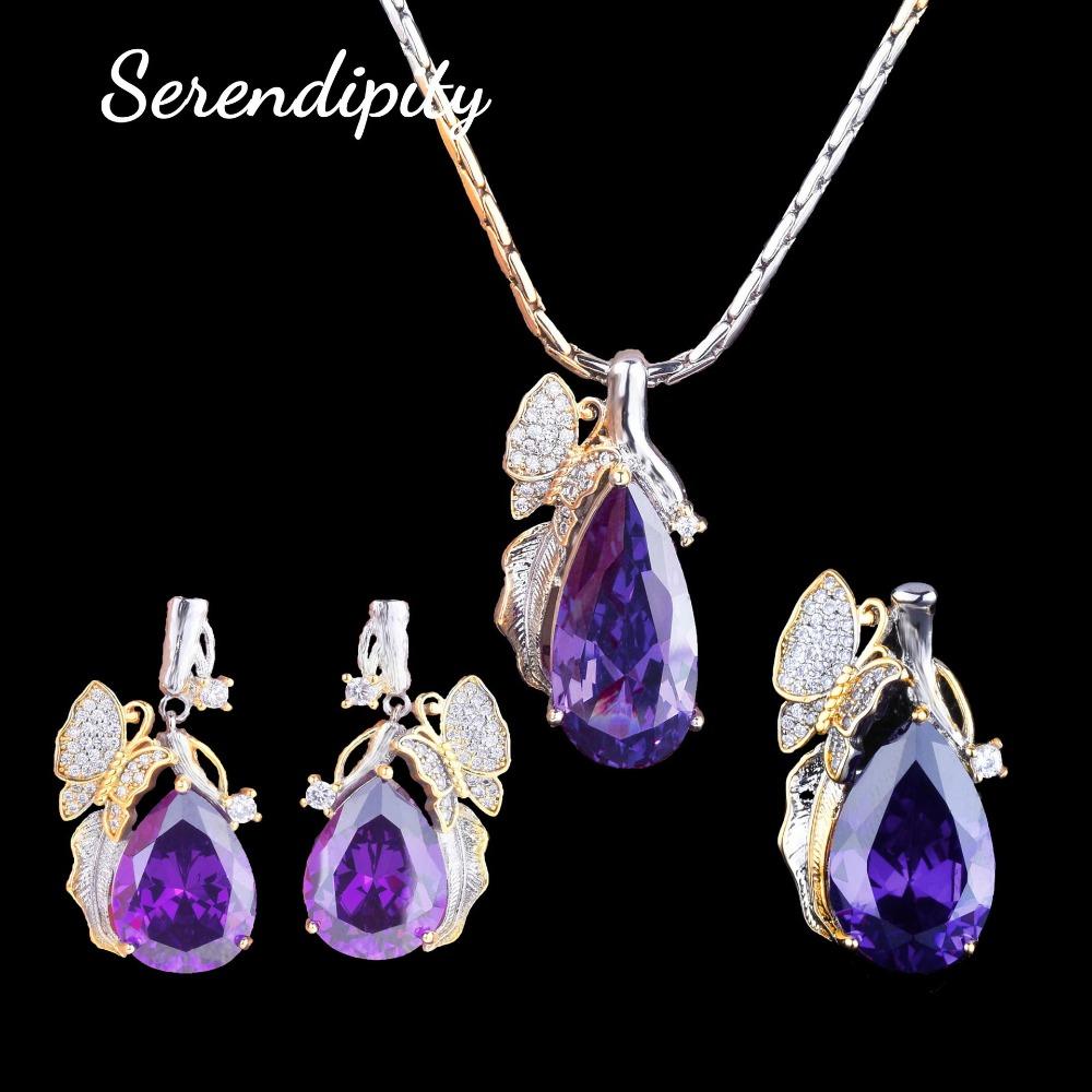 Vintage Two Tone Gold Floral Butterfly Jewelry Set Fanta Color Padparadscha Necklace Amethyst Earrings Ring