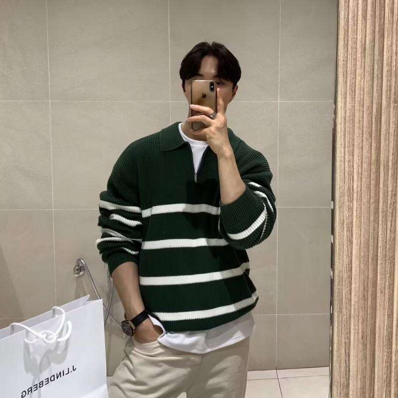 Mens Striped Knit Sweater Loose Fit Turn-Down Collar Long Sleeve Casual Top