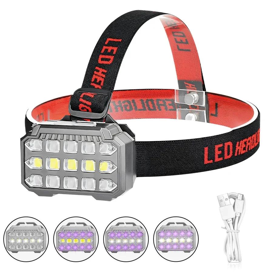 Yuqori quvvatli XHP40 5LED UV nuri bilan bosh chiroq, ikkilamchi yorug'lik manbai, o'rnatilgan akkumulyator, USB orqali zaryadlanadigan, favqulodda vaziyatlar uchun tekshirish bosh chirog'i