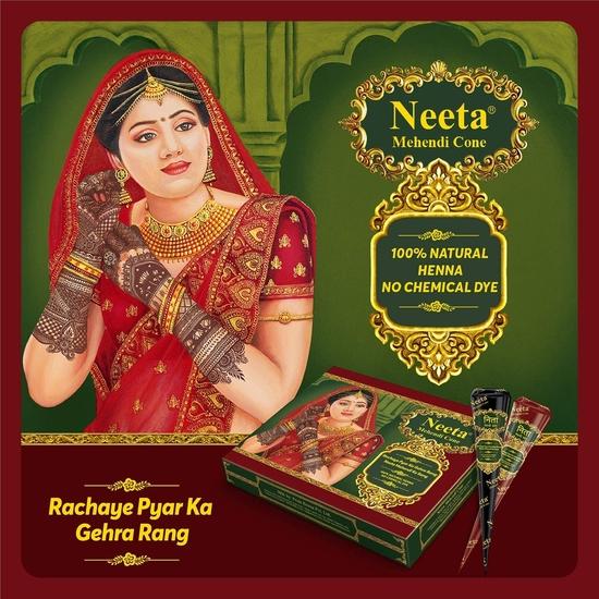Neeta Naturalny Stożek Mehandi do Projektowania Rąk, Stożek Henny Mehendi, Stożki Mehndi Ślubne na Wesele, Stożek Mehndi dla Panny Młodej (12 stożków henny)