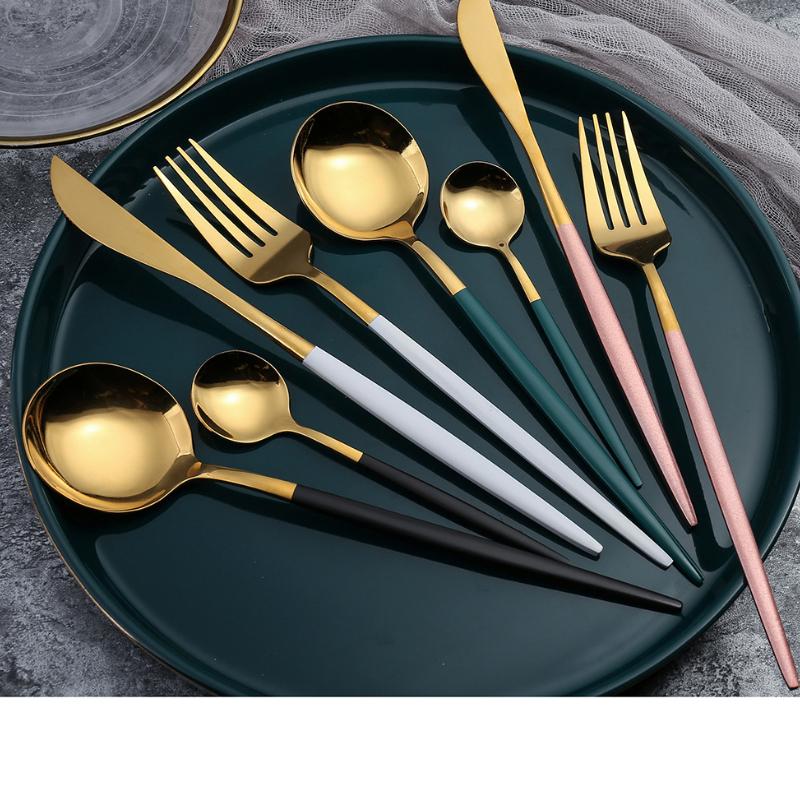 2PC/4PC Cutlery Set Stainless Steel Glossy Titanium Black Gold Cutlery Knife Fork Spoon Tea Spoon Set Kitchen Accessories