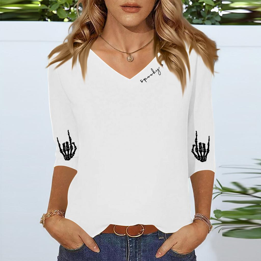 Women's Three-quarter Sleeve Shirt V-neck Loose Casual Spooky Scason Halloween Print Top