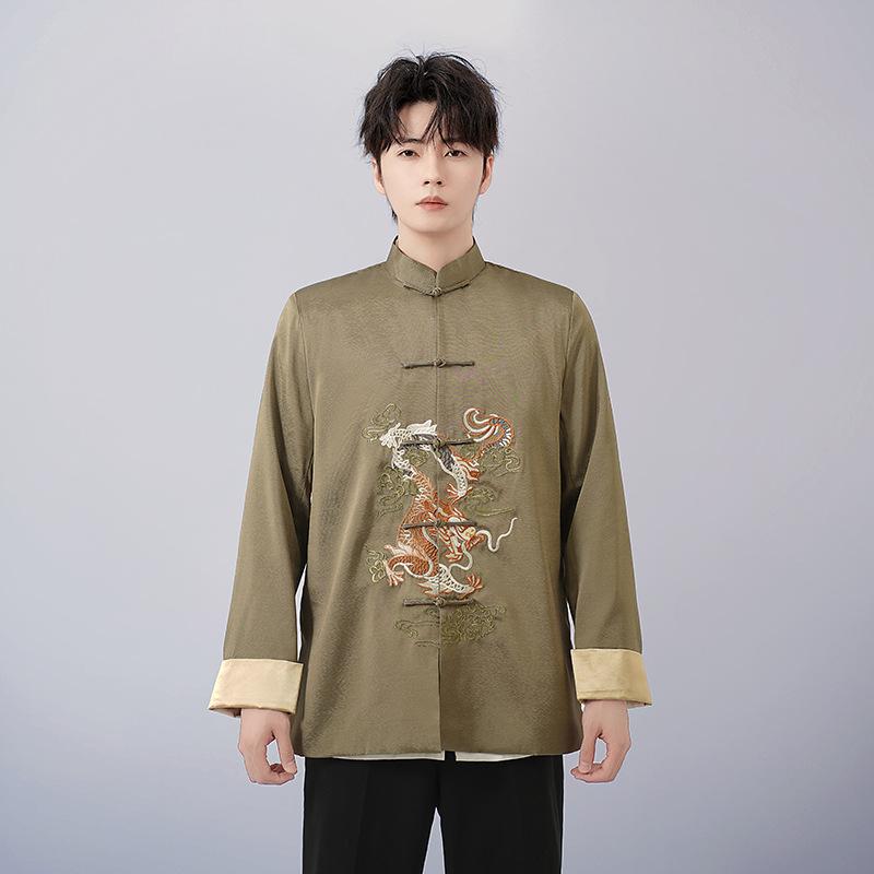 Spring and Autumn Men Embroidered Tops Chinese Traditional Phoenix Printed Clothes Dragon Tang Suit Clothing Long Sleeve Festival New Year Jacket