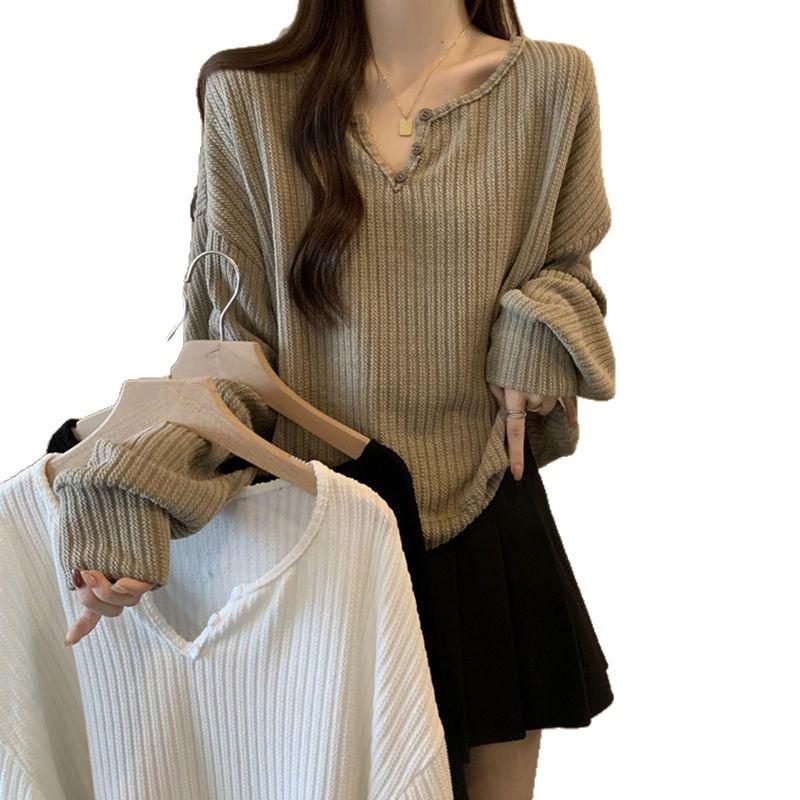 Women's V-Neck Ribbed Knit Sweater, Spring/Autumn 2025: Loose, Slimming, Plus Size, Mid-Length, Lazy Style, Ideal Base Layer.